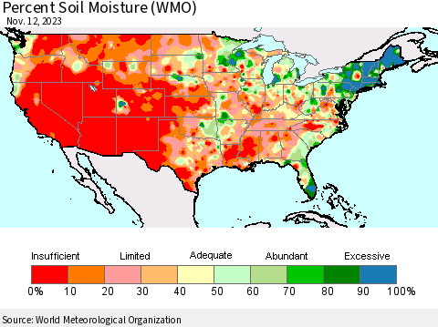 United States Percent Soil Moisture (WMO) Thematic Map For 11/6/2023 - 11/12/2023