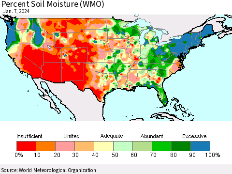 United States Percent Soil Moisture (WMO) Thematic Map For 1/1/2024 - 1/7/2024