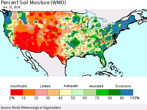 United States Percent Soil Moisture (WMO) Thematic Map For 1/15/2024 - 1/21/2024