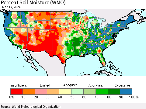 United States Percent Soil Moisture (WMO) Thematic Map For 3/11/2024 - 3/17/2024