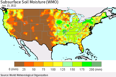 United States Subsurface Soil Moisture (WMO) Thematic Map For 1/11/2022 - 1/15/2022