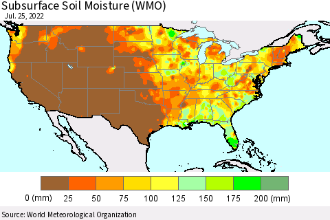 United States Subsurface Soil Moisture (WMO) Thematic Map For 7/21/2022 - 7/25/2022