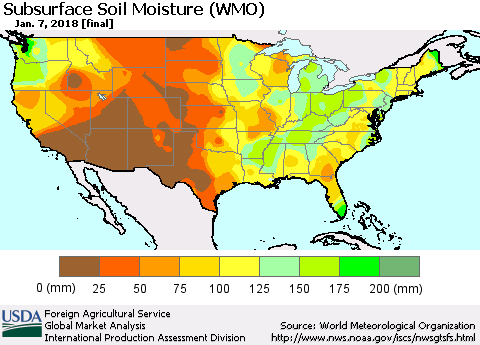 United States Subsurface Soil Moisture (WMO) Thematic Map For 1/1/2018 - 1/7/2018
