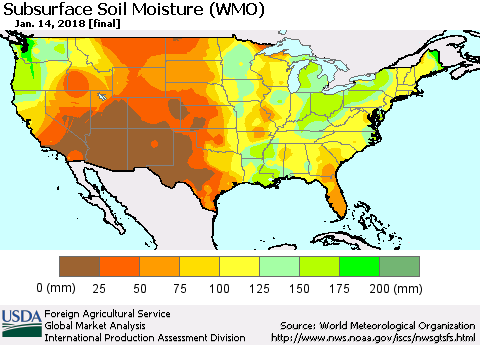 United States Subsurface Soil Moisture (WMO) Thematic Map For 1/8/2018 - 1/14/2018