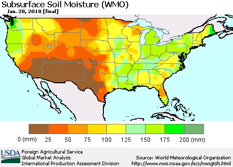 United States Subsurface Soil Moisture (WMO) Thematic Map For 1/22/2018 - 1/28/2018