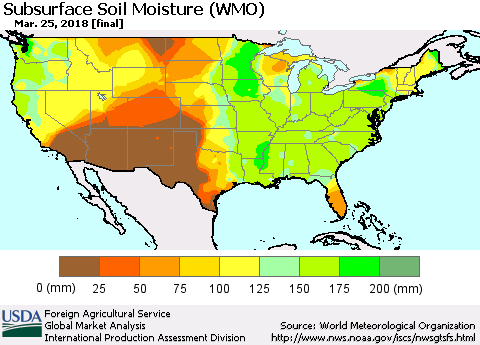 United States Subsurface Soil Moisture (WMO) Thematic Map For 3/19/2018 - 3/25/2018