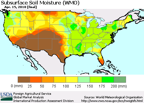 United States Subsurface Soil Moisture (WMO) Thematic Map For 4/9/2018 - 4/15/2018