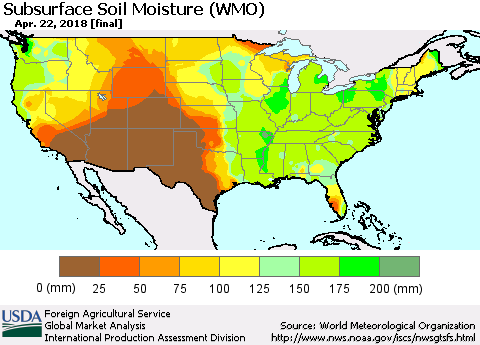 United States Subsurface Soil Moisture (WMO) Thematic Map For 4/16/2018 - 4/22/2018