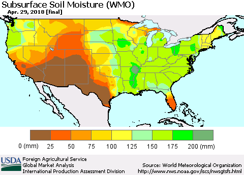 United States Subsurface Soil Moisture (WMO) Thematic Map For 4/23/2018 - 4/29/2018