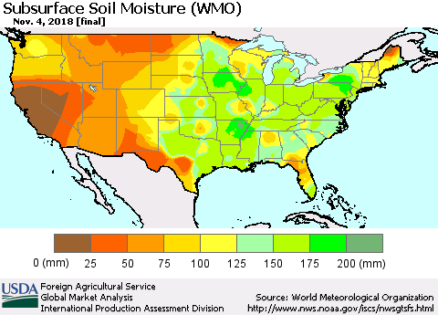 United States Subsurface Soil Moisture (WMO) Thematic Map For 10/29/2018 - 11/4/2018