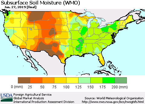 United States Subsurface Soil Moisture (WMO) Thematic Map For 1/21/2019 - 1/27/2019