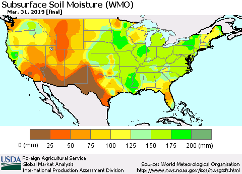 United States Subsurface Soil Moisture (WMO) Thematic Map For 3/25/2019 - 3/31/2019