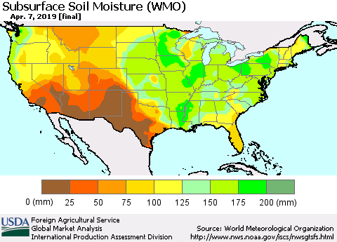 United States Subsurface Soil Moisture (WMO) Thematic Map For 4/1/2019 - 4/7/2019