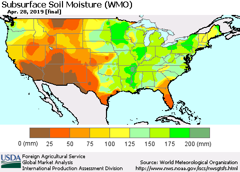 United States Subsurface Soil Moisture (WMO) Thematic Map For 4/22/2019 - 4/28/2019