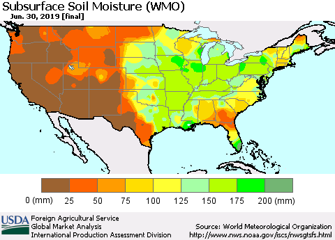 United States Subsurface Soil Moisture (WMO) Thematic Map For 6/24/2019 - 6/30/2019