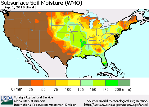 United States Subsurface Soil Moisture (WMO) Thematic Map For 8/26/2019 - 9/1/2019