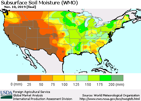United States Subsurface Soil Moisture (WMO) Thematic Map For 11/4/2019 - 11/10/2019