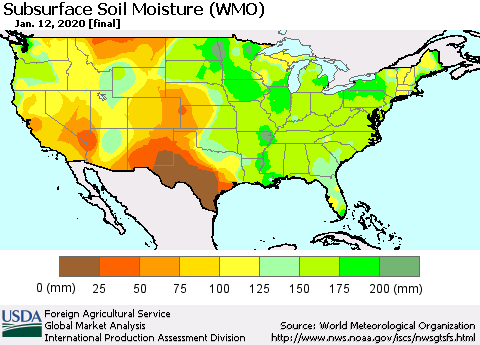 United States Subsurface Soil Moisture (WMO) Thematic Map For 1/6/2020 - 1/12/2020