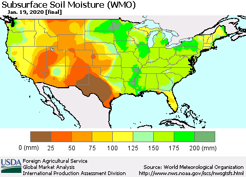 United States Subsurface Soil Moisture (WMO) Thematic Map For 1/13/2020 - 1/19/2020