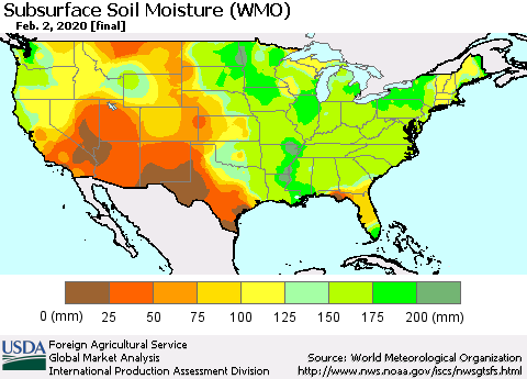United States Subsurface Soil Moisture (WMO) Thematic Map For 1/27/2020 - 2/2/2020