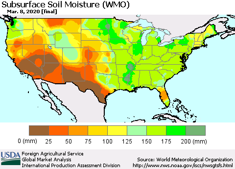 United States Subsurface Soil Moisture (WMO) Thematic Map For 3/2/2020 - 3/8/2020