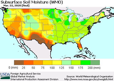 United States Subsurface Soil Moisture (WMO) Thematic Map For 3/16/2020 - 3/22/2020