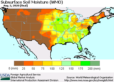United States Subsurface Soil Moisture (WMO) Thematic Map For 7/27/2020 - 8/2/2020