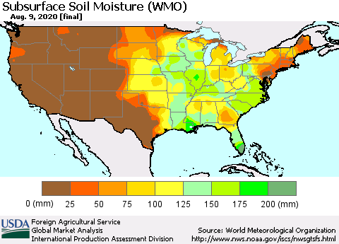 United States Subsurface Soil Moisture (WMO) Thematic Map For 8/3/2020 - 8/9/2020
