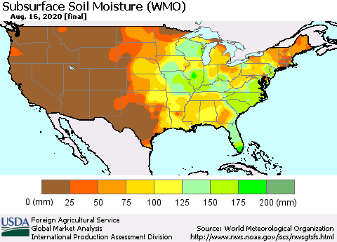 United States Subsurface Soil Moisture (WMO) Thematic Map For 8/10/2020 - 8/16/2020