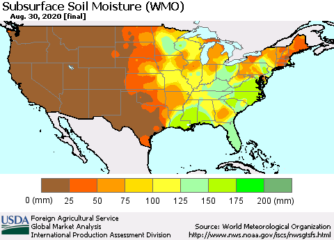 United States Subsurface Soil Moisture (WMO) Thematic Map For 8/24/2020 - 8/30/2020