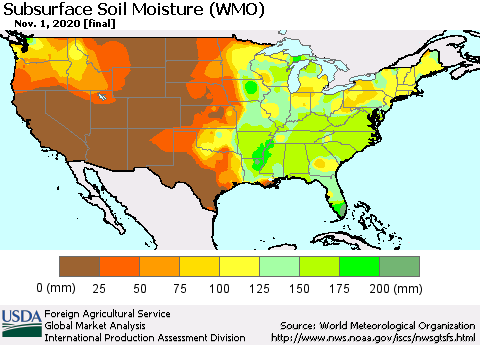 United States Subsurface Soil Moisture (WMO) Thematic Map For 10/26/2020 - 11/1/2020