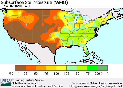 United States Subsurface Soil Moisture (WMO) Thematic Map For 11/2/2020 - 11/8/2020