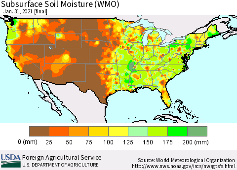 United States Subsurface Soil Moisture (WMO) Thematic Map For 1/25/2021 - 1/31/2021