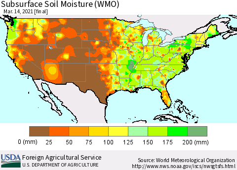 United States Subsurface Soil Moisture (WMO) Thematic Map For 3/8/2021 - 3/14/2021