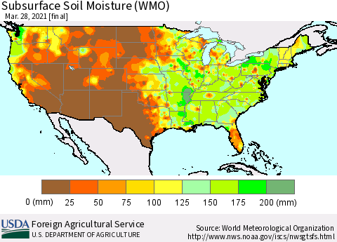 United States Subsurface Soil Moisture (WMO) Thematic Map For 3/22/2021 - 3/28/2021