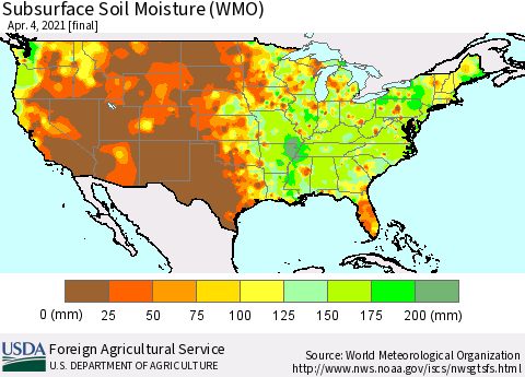 United States Subsurface Soil Moisture (WMO) Thematic Map For 3/29/2021 - 4/4/2021