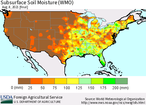 United States Subsurface Soil Moisture (WMO) Thematic Map For 8/2/2021 - 8/8/2021