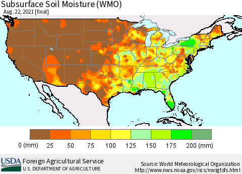 United States Subsurface Soil Moisture (WMO) Thematic Map For 8/16/2021 - 8/22/2021