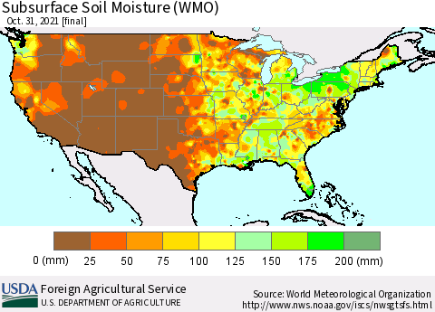 United States Subsurface Soil Moisture (WMO) Thematic Map For 10/25/2021 - 10/31/2021
