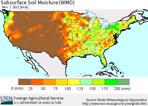 United States Subsurface Soil Moisture (WMO) Thematic Map For 11/1/2021 - 11/7/2021