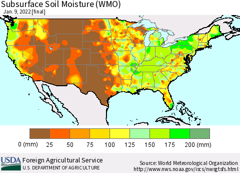 United States Subsurface Soil Moisture (WMO) Thematic Map For 1/3/2022 - 1/9/2022