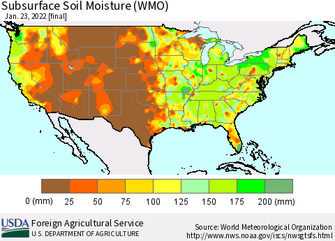 United States Subsurface Soil Moisture (WMO) Thematic Map For 1/17/2022 - 1/23/2022