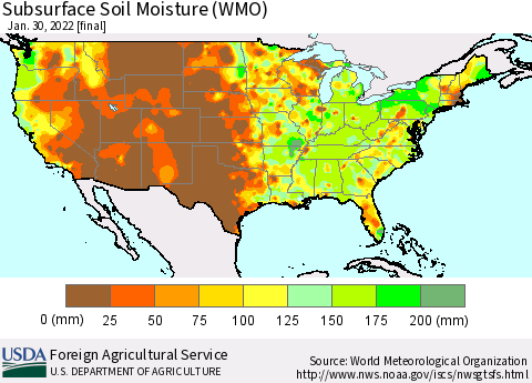 United States Subsurface Soil Moisture (WMO) Thematic Map For 1/24/2022 - 1/30/2022