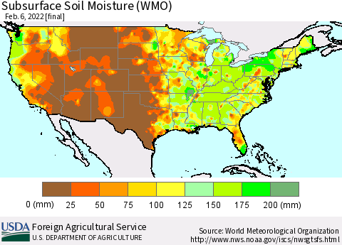 United States Subsurface Soil Moisture (WMO) Thematic Map For 1/31/2022 - 2/6/2022