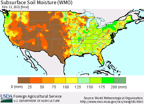 United States Subsurface Soil Moisture (WMO) Thematic Map For 2/7/2022 - 2/13/2022