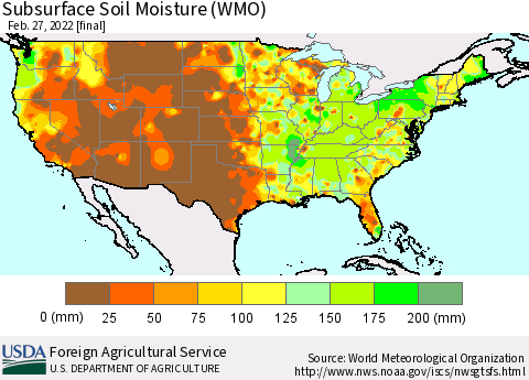 United States Subsurface Soil Moisture (WMO) Thematic Map For 2/21/2022 - 2/27/2022