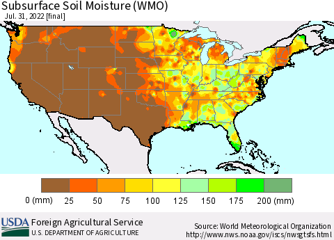 United States Subsurface Soil Moisture (WMO) Thematic Map For 7/25/2022 - 7/31/2022