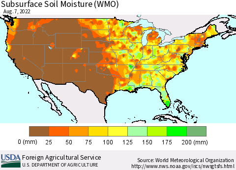 United States Subsurface Soil Moisture (WMO) Thematic Map For 8/1/2022 - 8/7/2022