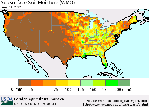 United States Subsurface Soil Moisture (WMO) Thematic Map For 8/8/2022 - 8/14/2022