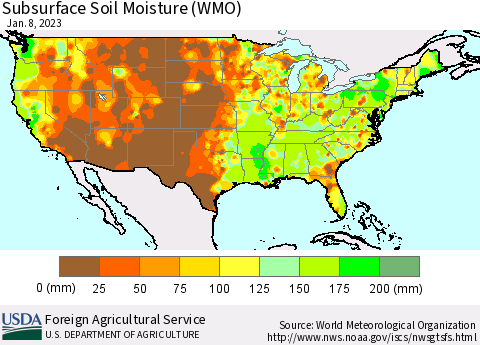 United States Subsurface Soil Moisture (WMO) Thematic Map For 1/2/2023 - 1/8/2023